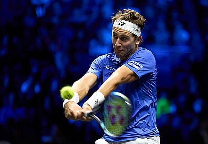 Sep 23, 2022; London, United Kingdom;  Casper Ruud (NOR) plays a shot against Jack Sock (USA) in his Laver Cup tennis match.  Mandatory Credit: Peter van den Berg-USA TODAY Sports