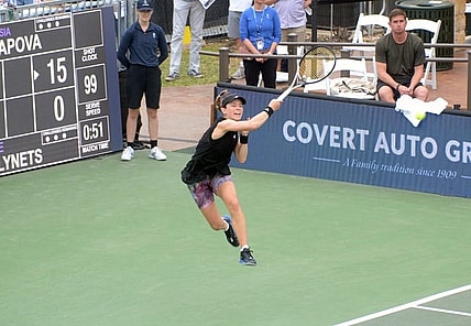 Katie Volynets returns a shot to third-seeded Anastasia Potapova during her three-set victory Wednesday at the Westwood Country Club. Potapova, who's ranked No. 28 in the world, was the tournament's highest remaining seed.

Atx2