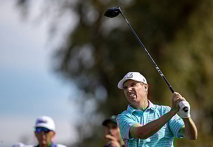 Steven Alker tees off on 18 during the final round of the Galleri Classic in Rancho Mirage, Calif., Sunday, March 26, 2023.