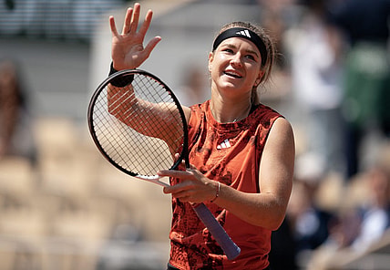 Jun 6 2023; Paris,France; Karolina Muchova (CZE) celebrates winning her match against Anastasia Pavlyuchenkova  on day 10 at Stade Roland-Garros. Mandatory Credit: Susan Mullane-USA TODAY Sports
