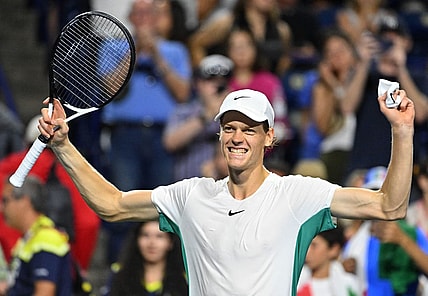 Aug 12, 2023; Toronto, Ontario, Canada; Jannik Sinner (ITA) celebrates after defeating Tommy Paul (USA) (not pictured) in semi-final play at Sobeys Stadium. Mandatory Credit: Dan Hamilton-USA TODAY Sports
