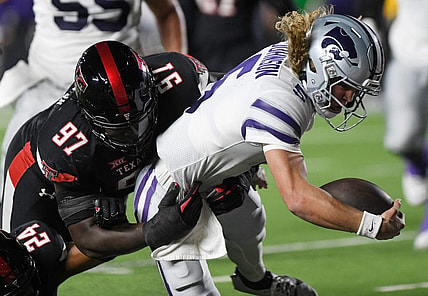 Kansas State's quarterback Avery Johnson (5) scores a touchdown against Texas Tech in a Big 12 conference football game, Saturday, Oct. 14, 2023, at Jones AT&T Stadium.