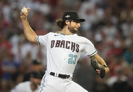 Arizona Diamondbacks pitcher Zac Gallen (23) throws a pitch in the first inning against the Philadelphia Phillies in Game 5 of the NLCS of the 2023 MLB playoffs on Oct. 21, 2023, at Chase Field in Phoenix, AZ. The Phillies beat the Diamondbacks 6-1, giving Philadelphia the overall lead of 3-2 in the NLCS playoffs.