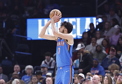 Oct 29, 2023; Oklahoma City, Oklahoma, USA; Oklahoma City Thunder forward Chet Holmgren (7) shoots against the Denver Nuggets during the second quarter at Paycom Center. Mandatory Credit: Alonzo Adams-USA TODAY Sports
