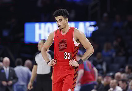 Jan 11, 2024; Oklahoma City, Oklahoma, USA; Portland Trail Blazers forward Toumani Camara (33) between plays against the Oklahoma City Thunder during the second half at Paycom Center. Mandatory Credit: Alonzo Adams-USA TODAY Sports