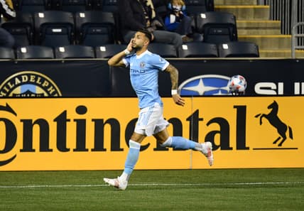 May 1, 2021; Philadelphia, Pennsylvania, USA; New York City FC forward Valentin Castellanos (11) celebrates a goal in the second half against the Philadelphia Union at Talen Energy Stadium. Mandatory Credit: Kyle Ross-USA TODAY Sports