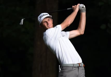 Aug 15, 2021; Greensboro, North Carolina, USA; Will Zalatoris hits his tee shot on the second hole during the final round of the Wyndham Championship golf tournament. Mandatory Credit: Rob Kinnan-USA TODAY Sports