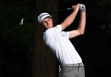 Aug 15, 2021; Greensboro, North Carolina, USA; Will Zalatoris hits his tee shot on the second hole during the final round of the Wyndham Championship golf tournament. Mandatory Credit: Rob Kinnan-USA TODAY Sports