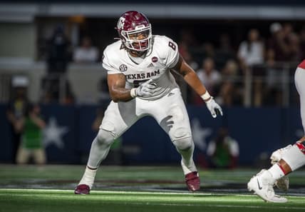 Sep 25, 2021; Arlington, Texas, USA; Texas A&M Aggies defensive lineman DeMarvin Leal (8) in action during the game between the Arkansas Razorbacks and the Texas A&M Aggies at AT&T Stadium. Mandatory Credit: Jerome Miron-USA TODAY Sports
