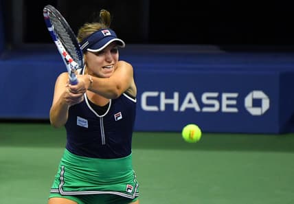 Sep 7, 2020; Flushing Meadows, New York, USA; Sofia Kenin of the United States hits the ball against Elise Mertens of Belgium on day eight of the 2020 U.S. Open tennis tournament at USTA Billie Jean King National Tennis Center. Mandatory Credit: Robert Deutsch-USA TODAY Sports