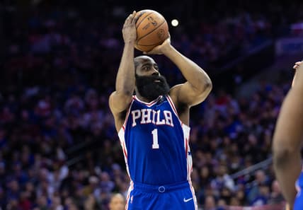 Mar 4, 2022; Philadelphia, Pennsylvania, USA; Philadelphia 76ers guard James Harden (1) shoots the ball against the Cleveland Cavaliers during the fourth quarter at Wells Fargo Center. Mandatory Credit: Bill Streicher-USA TODAY Sports
