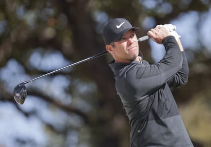 Mar 23, 2022; Austin, Texas, USA; Paul Casey tees off on #1 during the first round of the World Golf Championships-Dell Technologies Match Play golf tournament. Mandatory Credit: Erich Schlegel-USA TODAY Sports
