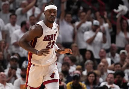 Apr 19, 2022; Miami, Florida, USA; Miami Heat forward Jimmy Butler (22) reacts after scoring against the Atlanta Hawks during the second half in game two of the first round for the 2022 NBA playoffs at FTX Arena. Mandatory Credit: Jasen Vinlove-USA TODAY Sports