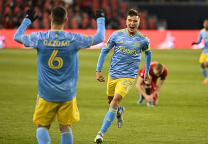 Apr 16, 2022; Toronto, Ontario, CAN;  Philadelphia Union defender Kai Wagner (27) celebrates with midfielder Daniel Gazdag (6) after scoring a goal against Toronto FC in the first half at BMO Field. Mandatory Credit: Dan Hamilton-USA TODAY Sports