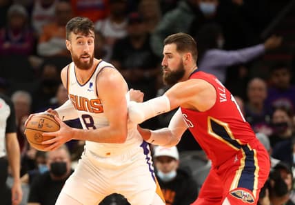 Nov 2, 2021; Phoenix, Arizona, USA; Phoenix Suns forward Frank Kaminsky (8) against New Orleans Pelicans center Jonas Valanciunas at Footprint Center. Mandatory Credit: Mark J. Rebilas-USA TODAY Sports