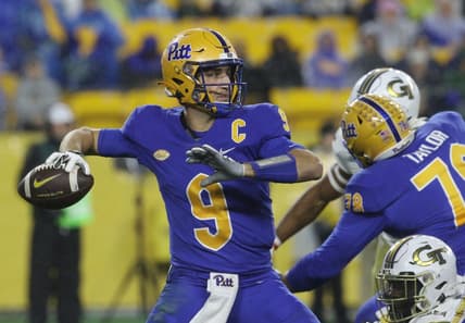 Oct 1, 2022; Pittsburgh, Pennsylvania, USA;  Pittsburgh Panthers quarterback Kedon Slovis (9) throws a pass against the   Georgia Tech Yellow Jackets during the first quarter at Acrisure Stadium. Mandatory Credit: Charles LeClaire-USA TODAY Sports