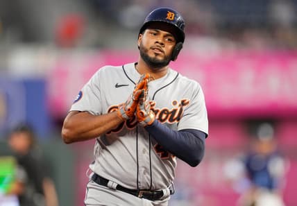 Sep 9, 2022; Kansas City, Missouri, USA; Detroit Tigers designated hitter Jeimer Candelario (46) gestures to the dugout after hitting a three-run home run during the second inning against the Kansas City Royals at Kauffman Stadium. Mandatory Credit: Jay Biggerstaff-USA TODAY Sports