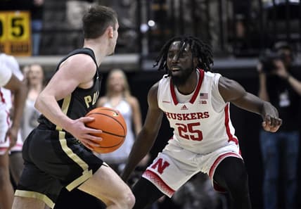 Jan 13, 2023; West Lafayette, Indiana, USA;  Nebraska Cornhuskers guard Emmanuel Bandoumel (25) defends against Purdue Boilermakers guard Braden Smith (3) during the first half at Mackey Arena. Mandatory Credit: Marc Lebryk-USA TODAY Sports