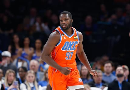 Feb 15, 2023; Oklahoma City, Oklahoma, USA; Oklahoma City Thunder forward Eugene Omoruyi (97) runs down the court against the Houston Rockets during the second half at Paycom Center. Oklahoma City won 133-96. Mandatory Credit: Alonzo Adams-USA TODAY Sports