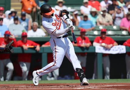Mar 6, 2023; Sarasota, Florida, USA; Baltimore Orioles catcher Adley Rutschman (35) singles during the first inning at Ed Smith Stadium. Mandatory Credit: Kim Klement-USA TODAY Sports