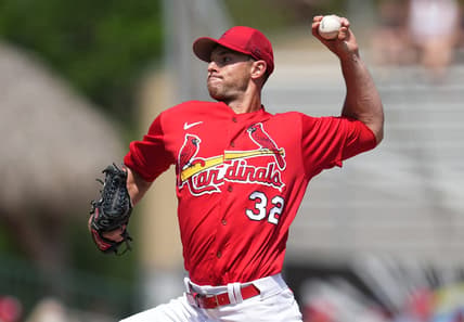 Mar 12, 2023; Jupiter, Florida, USA;  St. Louis Cardinals starting pitcher Steven Matz (32) pitches against the Washington Nationals at Roger Dean Stadium. Mandatory Credit: Jim Rassol-USA TODAY Sports