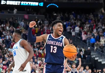 Mar 23, 2023; Las Vegas, NV, USA; Gonzaga Bulldogs guard Malachi Smith (13) reacts after their win against the UCLA Bruins at T-Mobile Arena. Mandatory Credit: Joe Camporeale-USA TODAY Sports