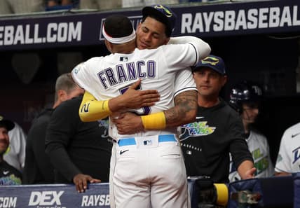 Mar 30, 2023; St. Petersburg, Florida, USA; Tampa Bay Rays shortstop Wander Franco (5) celebrates with center fielder Jose Siri (22) after he hits a home run against the Detroit Tigers during the eighth inning  at Tropicana Field. Mandatory Credit: Kim Klement-USA TODAY Sports