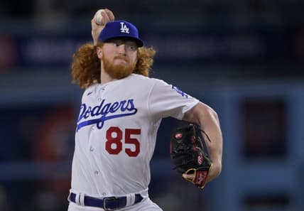 Mar 31, 2023; Los Angeles, California, USA;  Los Angeles Dodgers starting pitcher Dustin May (85) throws to the plate in the third inning against the Arizona Diamondbacks at Dodger Stadium. Mandatory Credit: Jayne Kamin-Oncea-USA TODAY Sports