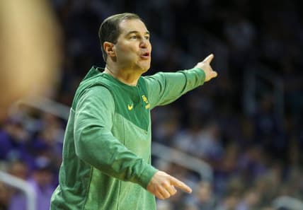 Feb 21, 2023; Manhattan, Kansas, USA; Baylor Bears head coach Scott Drew yells at his team during the second half against the Kansas State Wildcats at Bramlage Coliseum. Mandatory Credit: Scott Sewell-USA TODAY Sports