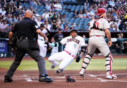 Jun 12, 2023; Phoenix, AZ, USA; Arizona Diamondbacks Ketel Marte (4) scores on an RBI-single by Christian Walker against the Philadelphia Phillies in the first inning at Chase Field. Mandatory Credit: Rob Schumacher-Arizona Republic
