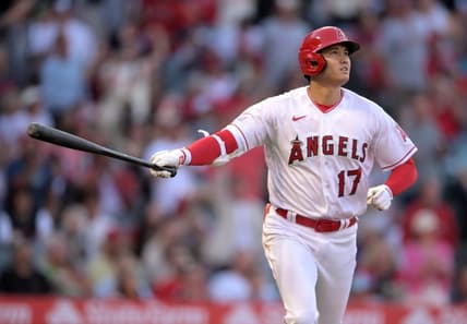 Jun 26, 2023; Anaheim, California, USA;  Los Angeles Angels designated hitter Shohei Ohtani (17) watches the flight of the ball on a solo home run in the fourth inning against the Chicago White Sox at Angel Stadium. Mandatory Credit: Jayne Kamin-Oncea-USA TODAY Sports