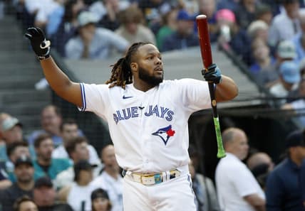 Jul 10, 2023; Seattle, Washington, USA; Toronto Blue Jays first baseman Vladimir Guerrero Jr. (27) during the semifinals of the All-Star Home Run Derby at T-Mobile Park.  Mandatory Credit: Joe Nicholson-USA TODAY Sports