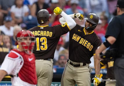 Jul 14, 2023; Philadelphia, Pennsylvania, USA; San Diego Padres third baseman Manny Machado (13) celebrates with shortstop Xander Bogaerts (2) after hitting a home run during the sixth inning against the Philadelphia Phillies at Citizens Bank Park. Mandatory Credit: Bill Streicher-USA TODAY Sports