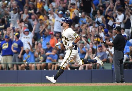 Aug 3, 2023; Milwaukee, Wisconsin, USA; Milwaukee Brewers outfielder Sal Frelick (10) rounds the bases after hitting a home run against the Pittsburgh Pirates in the sixth inning at American Family Field. Mandatory Credit: Michael McLoone-USA TODAY Sports