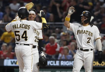 Aug 21, 2023; Pittsburgh, Pennsylvania, USA;  Pittsburgh Pirates right fielder Joshua Palacios (54) celebrates his  three run home run with catcher Endy Rodriguez (25) and  first baseman Connor Joe (2) against the St. Louis Cardinals during the fourth inning at PNC Park. Mandatory Credit: Charles LeClaire-USA TODAY Sports
