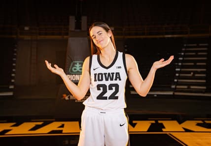 Caitlin Clark stands for a photo during Iowa Women's Basketball Media Day at Carver Hawkeye Arena, Wednesday, Oct. 4, 2023.
