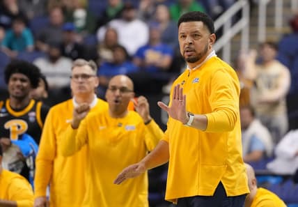 Mar 17, 2023; Greensboro, NC, USA; Pittsburgh Panthers head coach Jeff Capel III (right) gestures during the second half against the Iowa State Cyclones at Greensboro Coliseum. Mandatory Credit: Bob Donnan-USA TODAY Sports
