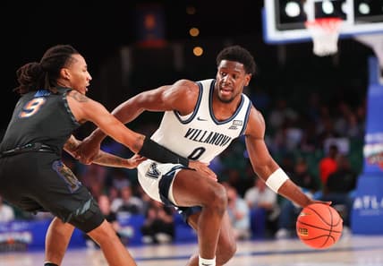 Nov 24, 2023; Paradise Island, BAHAMAS;  Villanova Wildcats guard TJ Bamba (0) controls the ball as Memphis Tigers guard Caleb Mills (9) defends during the first half at Imperial Arena. Mandatory Credit: Kevin Jairaj-USA TODAY Sports