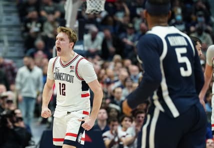 Feb 6, 2024; Hartford, Connecticut, USA; UConn Huskies guard Cam Spencer (12) reacts after his three point basket against the Butler Bulldogs in the first half at XL Center. Mandatory Credit: David Butler II-USA TODAY Sports