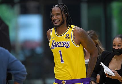 Sep 28, 2021; Los Angeles, CA, USA; Los Angeles Lakers forward Trevor Ariza (1) is photographed during media day at the UCLA Health and Training Center in El Segundo, Calif.  Mandatory Credit: Jayne Kamin-Oncea-USA TODAY Sports