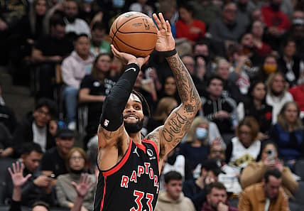 Dec 10, 2021; Toronto, Ontario, CAN;  Toronto Raptors guard Gary Trent Jr. (33) shoots the ball against the New York Knicks in the second half at Scotiabank Arena. Mandatory Credit: Dan Hamilton-USA TODAY Sports