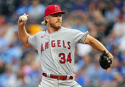 Jul 25, 2022; Kansas City, Missouri, USA; Los Angeles Angels starting pitcher Noah Syndergaard (34) throws a pitch against the Kansas City Royals during the first inning at Kauffman Stadium. Mandatory Credit: Jay Biggerstaff-USA TODAY Sports