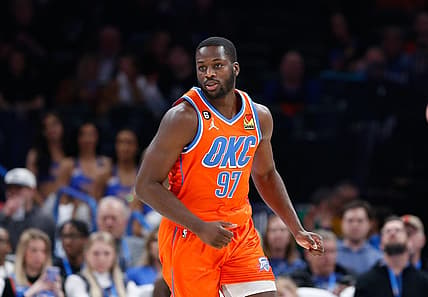 Feb 15, 2023; Oklahoma City, Oklahoma, USA; Oklahoma City Thunder forward Eugene Omoruyi (97) runs down the court against the Houston Rockets during the second half at Paycom Center. Oklahoma City won 133-96. Mandatory Credit: Alonzo Adams-USA TODAY Sports