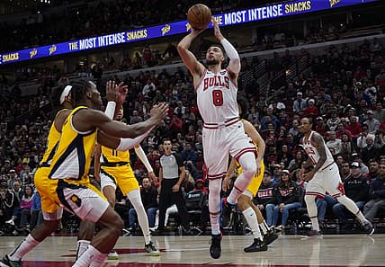 Mar 5, 2023; Chicago, Illinois, USA; Indiana Pacers guard Bennedict Mathurin (00) defends Chicago Bulls guard Zach LaVine (8) during the second quarter at United Center. Mandatory Credit: David Banks-USA TODAY Sports