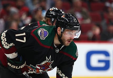 Jan 15, 2022; Glendale, Arizona, USA; Arizona Coyotes center Alex Galchenyuk (17) against the Colorado Avalanche at Gila River Arena. Mandatory Credit: Mark J. Rebilas-USA TODAY Sports