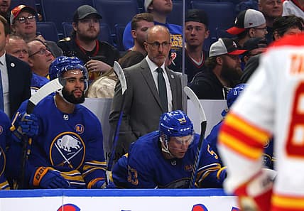 Oct 19, 2023; Buffalo, New York, USA;  Buffalo Sabres head coach Don Granato watches his team play during the second period against the Calgary Flames at KeyBank Center. Mandatory Credit: Timothy T. Ludwig-USA TODAY Sports