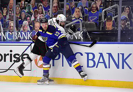 Feb 24, 2021; St. Louis, Missouri, USA;  St. Louis Blues left wing Kyle Clifford (13) checks Los Angeles Kings defenseman Drew Doughty (8) during the first period at Enterprise Center. Mandatory Credit: Jeff Curry-USA TODAY Sports