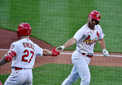 May 5, 2021; St. Louis, Missouri, USA;  St. Louis Cardinals shortstop Paul DeJong (11) is congratulated by left fielder Tyler O'Neill (27) after hitting a two run home run during the fifth inning against the New York Mets in game one of a doubleheader at Busch Stadium. Mandatory Credit: Jeff Curry-USA TODAY Sports