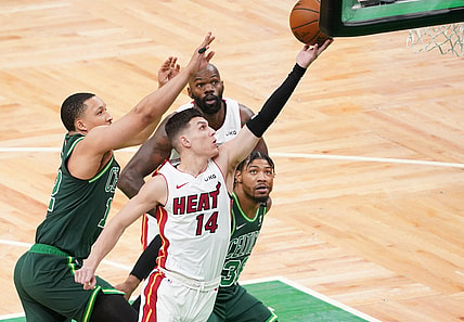 May 11, 2021; Boston, Massachusetts, USA; Miami Heat guard Tyler Herro (14) drives to the basket against the Boston Celtics in the first quarter at TD Garden. Mandatory Credit: David Butler II-USA TODAY Sports
