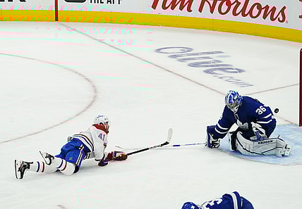 May 20, 2021; Toronto, Ontario, CAN; Montreal Canadiens forward Paul Byron (41) scores the game winning goal on Toronto Maple Leafs goaltender Jack Campbell (36) during the third period of game one of the first round of the 2021 Stanley Cup Playoffs at Scotiabank Arena. Mandatory Credit: John E. Sokolowski-USA TODAY Sports